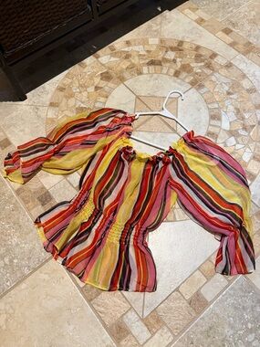 Flying Tomato Striped Off-Shoulder Crop Top in Yellow, Pink, Red and Black